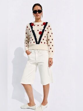 Zara Cream Knit 3D Sweater with Black V and Red Rose Accents